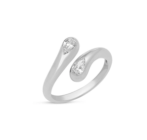 Macro shot of S925 sterling silver bypass ring with double teardrop zircon stones