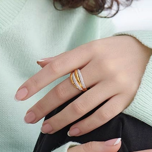 S925 sterling silver multilayer ring with layered gold bands and pave zircon stones