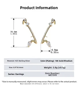 Detailed view of S925 silver curved earrings with cubic zirconia and size dimensions