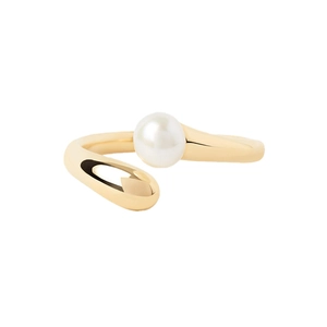Elegant adjustable S925 silver ring in gold finish featuring a round white pearl accent