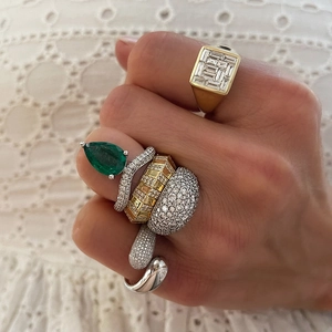 S925 silver rings set featuring emerald cut stone and pavé diamonds on lace fabric
