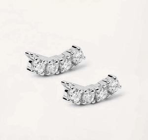 Detailed close-up of S925 sterling silver curved earrings with five clear cubic zirconia