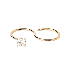 Minimalist S-shaped two-finger ring in gold with a square-cut zirconia stone inlay