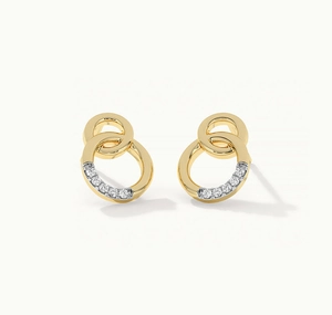 Detail showing interlocking gold double hoop earrings with pavé set micro diamonds