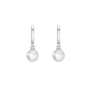 Detail of S925 sterling silver hoop earrings with elegant white shell pearl drops