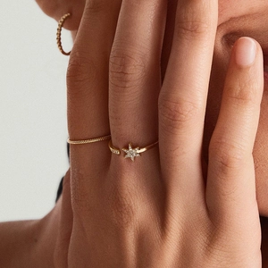 Elegant gold S925 silver hexagram star ring with zircon inlay worn by a model