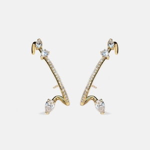 925 Sterling Silver Rhinestone Ear Crawler Earrings For Women Curved 18K Gold Plated Luxury Piercing Fashion Jewelry