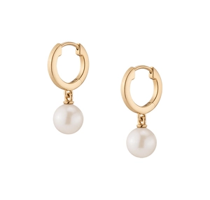 Detail showing elegant gold hoop earrings with white round pearls on white background
