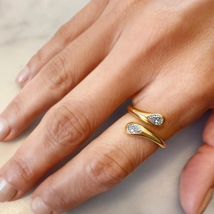 Elegant gold S925 silver adjustable open ring featuring double teardrop zircon stones