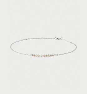 Macro detail of S925 silver bracelet featuring multi-color cubic zirconia stones
