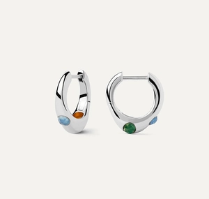 Close-up of S925 silver hoop earrings featuring irregular colorful zircon gemstones