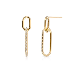 Detail view of gold S925 silver link earrings with pavé cubic zirconia accents