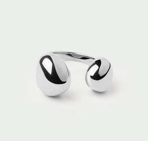 Detailed view of S925 sterling silver open ring with polished dual asymmetric spheres