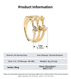 Detailed size specifications for a multi-layer 925 sterling silver ring with gemstones