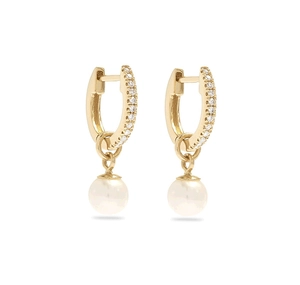 Detail of S925 gold earrings with pave set zircons and round white pearl pendants