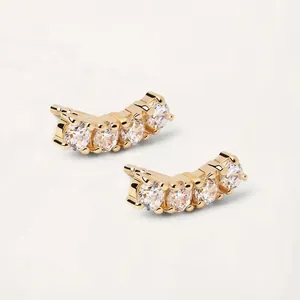 Elegant gold curved stud earrings featuring five sparkling clear zircon stones