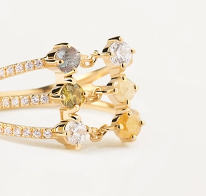 Close-up of multi-layer S925 silver ring with colorful gemstones and pave diamonds