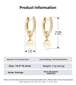 Detailed specs of S925 silver pearl drop earrings with sparkling pavé cubic zirconia