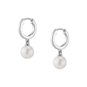 Elegant S925 sterling silver hoop earrings with high-luster round white pearl pendants
