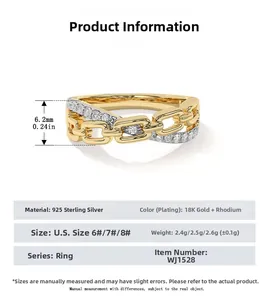 Detailed size chart for 925 sterling silver chain ring with 18K gold and rhodium plating