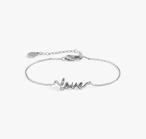 Detail of S925 sterling silver chain bracelet with polished LOVE script pendant charm