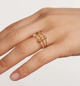 Detailed macro view of S925 multi-layer gold chain ring with colorful gemstones