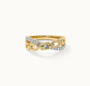 Detail showing gold chain link ring with sparkling micro-pave diamond accents