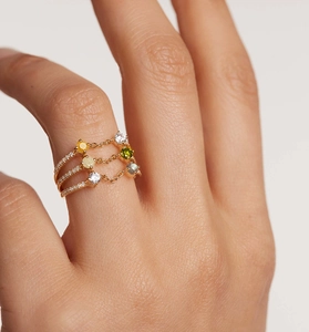 Detail of S925 silver multi-layer ring with colorful gemstones and connecting chains