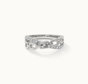 Detailed view of S925 silver cross ring with Cuban chain and micro-set zircon accents