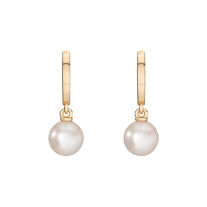 Minimalist S925 sterling silver gold hoops with elegant white shell pearls on white background