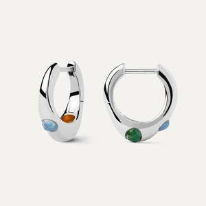 Polished S925 sterling silver hoop earrings with blue, green, and amber zircon gemstones
