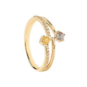 Dual-layer gold ring with pavé zircons and asymmetric amber and labradorite stones