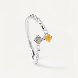 Minimalist S925 sterling silver open ring with blue labradorite and orange citrine stones