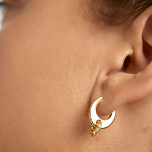 S925 silver gold hoop earrings featuring a crescent design and colorful zircon gemstone drop