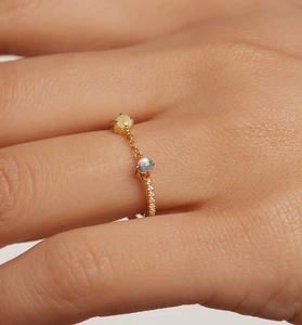 Macro detail of S925 silver chain ring with yellow zircon and blue moonstone crystals