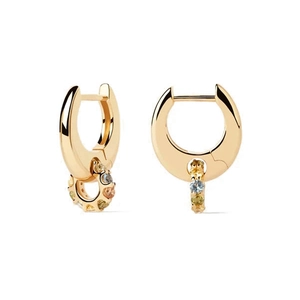 Gold-plated hoop earrings with multi-colored zircon stones on a white background