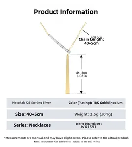 Detailed view of S925 sterling silver rectangular pendant necklace with dimension specs