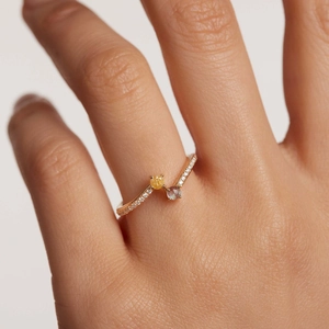 V-shaped S925 sterling silver ring with two-tone zircon stones and pavé diamonds