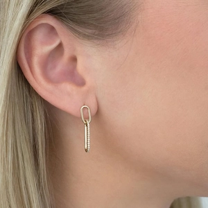 S925 sterling silver gold paperclip drop earrings with pavé zircon worn by a model