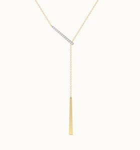 Close-up of gold-plated Y-shaped lariat necklace with zircon-encrusted bar and sleek cone pendant