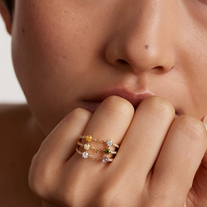 Elegant multi-layer S925 silver ring with colorful gemstones and paved diamonds