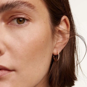 Elegant gold S925 sterling silver hoop earrings with pavé crystals on a female model
