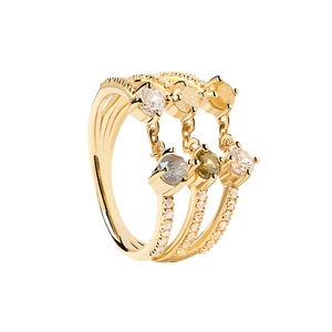 Three-layer linked gold ring set featuring multi-color sparkling cubic zirconia stones