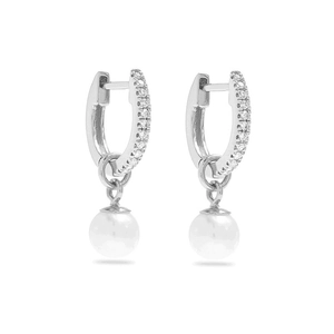 S925 silver hoop earrings with shimmering pavé diamonds and elegant white drop pearls