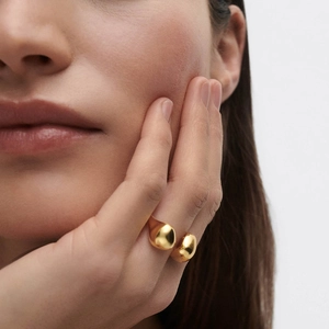 Elegant gold S925 sterling silver open ring featuring an asymmetric double drop design