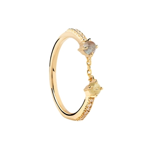Minimalist S925 sterling silver gold ring with chain link and bicolor zircon stones