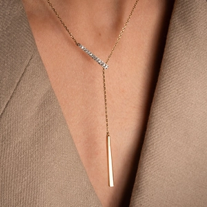 Minimalist S925 silver gold Y-shaped lariat necklace with zircon bar and cone pendant