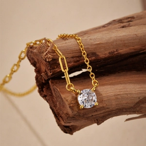 S925 silver gold-plated necklace with zircon pendant and asymmetric link chain
