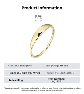 Size chart for 925 sterling silver minimalist ring showing 2.8mm width and US sizes