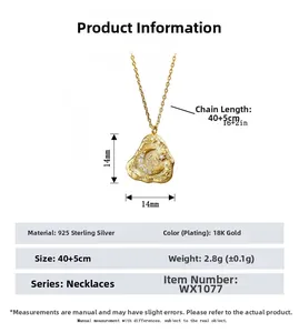 Detail view of S925 sterling silver moon necklace with dimensions and 18K gold finish
